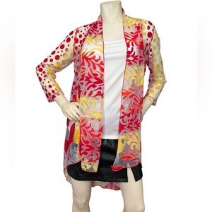 MULTIPLES Red, Yellow & Orange Dot Paisley Pattern 3/4 Sleeve Kimono Cardigan, S